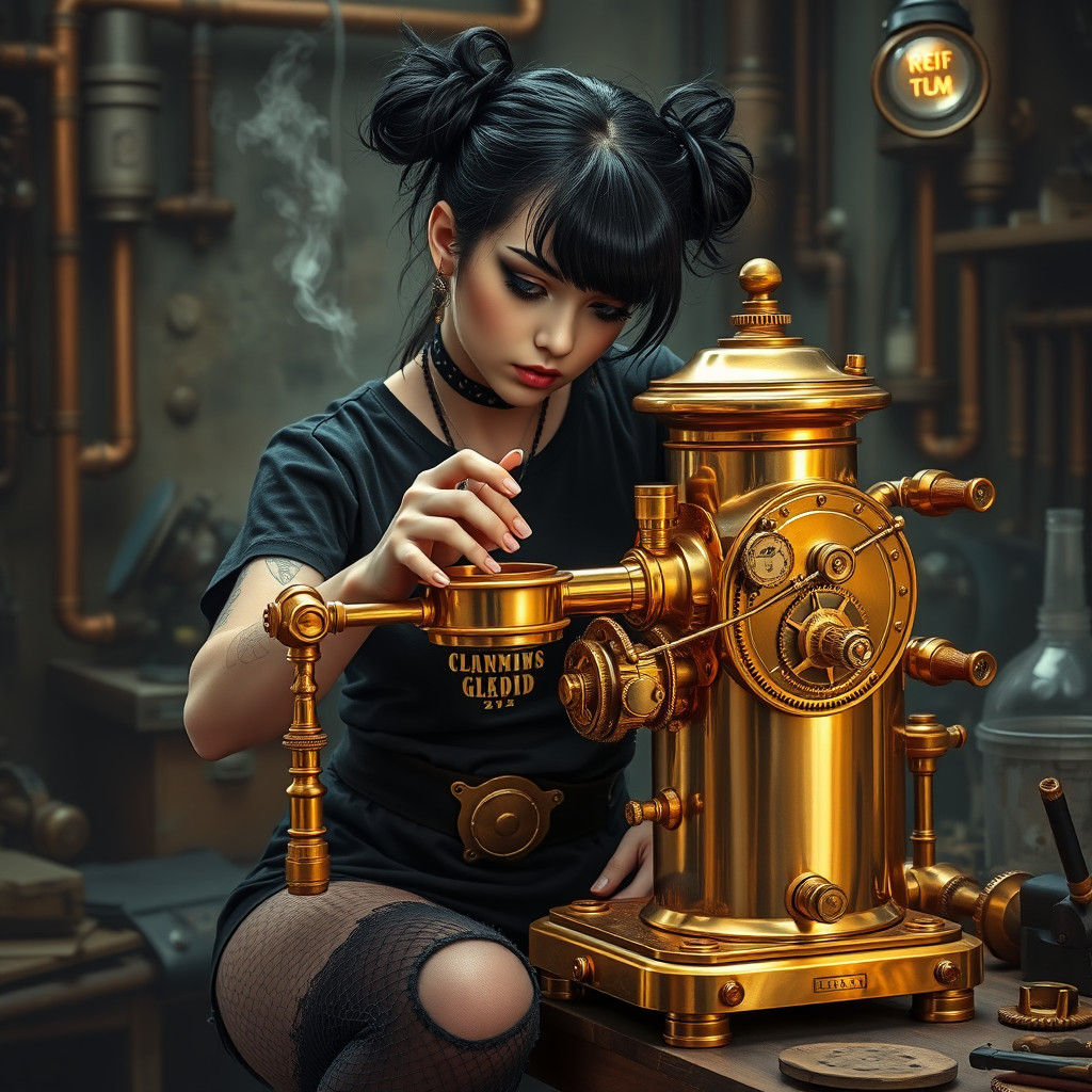 Goth Girl Repairs Steampunk Coffeemachine