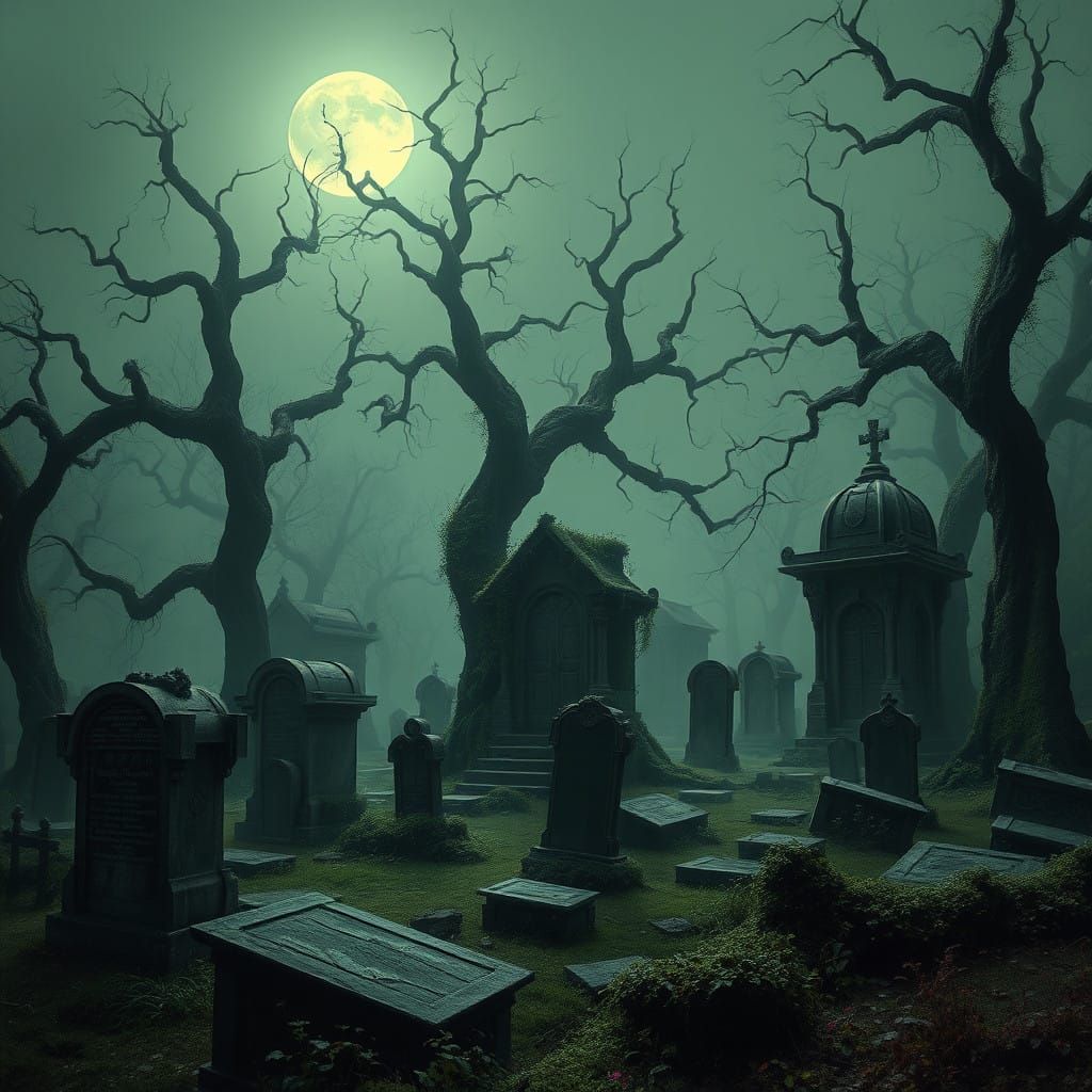 Misty Cemetery Landscape in Dark Gothic Surrealism