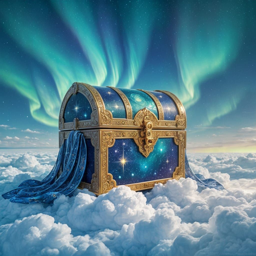 Celestial Treasure Chest on Cloud Bank with Aurora