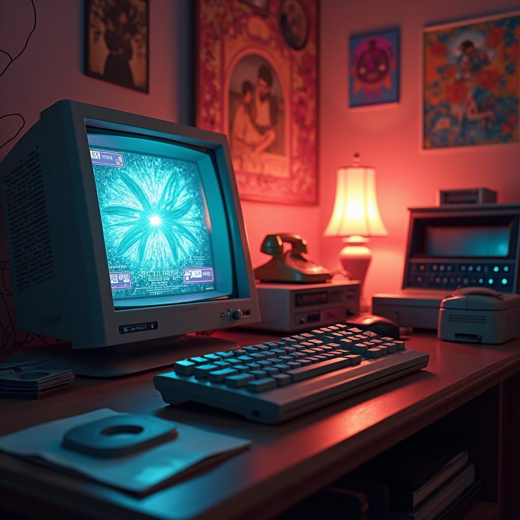 Retro Technology Scene in 1980s Room, Detailed Matte Paintin...