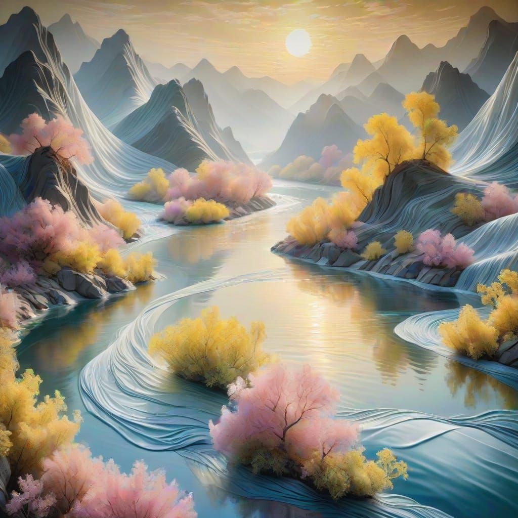 "An ethereal painting of majestic mountains and a flowing ri...