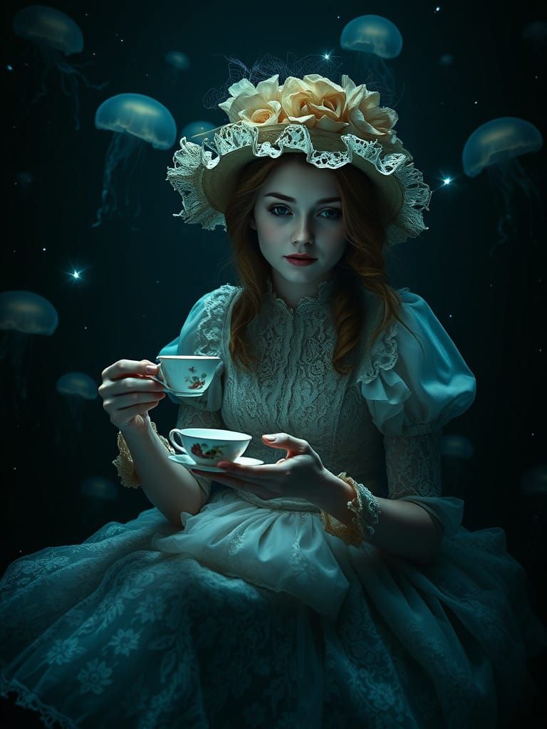 Surreal Underwater Portrait of Alice in Victorian Lace