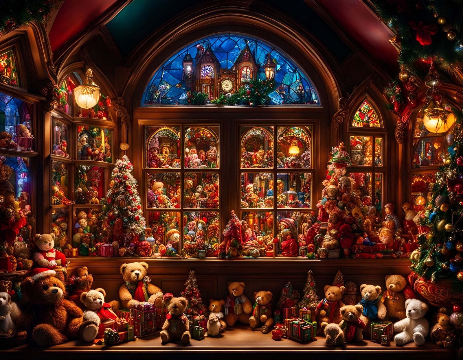 Festive Christmas Toy Shop Window in Hyperdetailed Photo