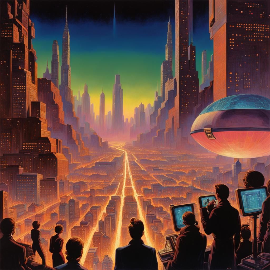 Neon Cityscape in Computer with Lush Forests, 80s Style