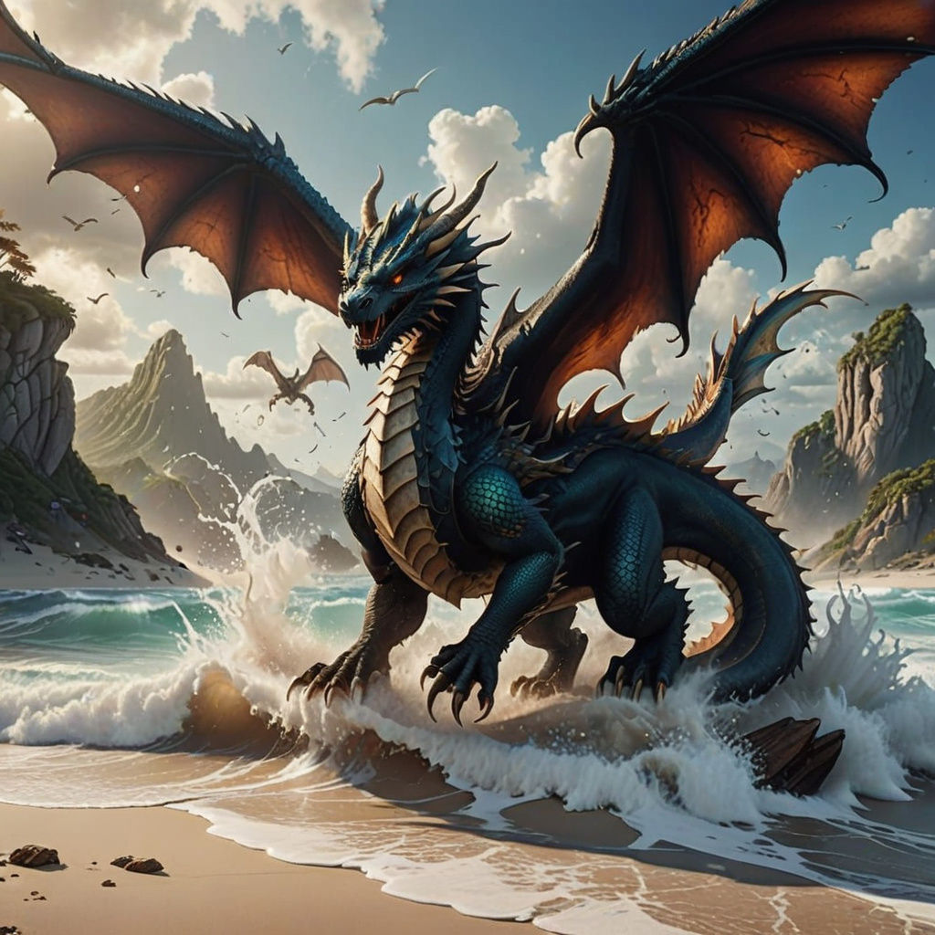 Fantastical Dragons on a Beach in Detailed Matte Painting St...
