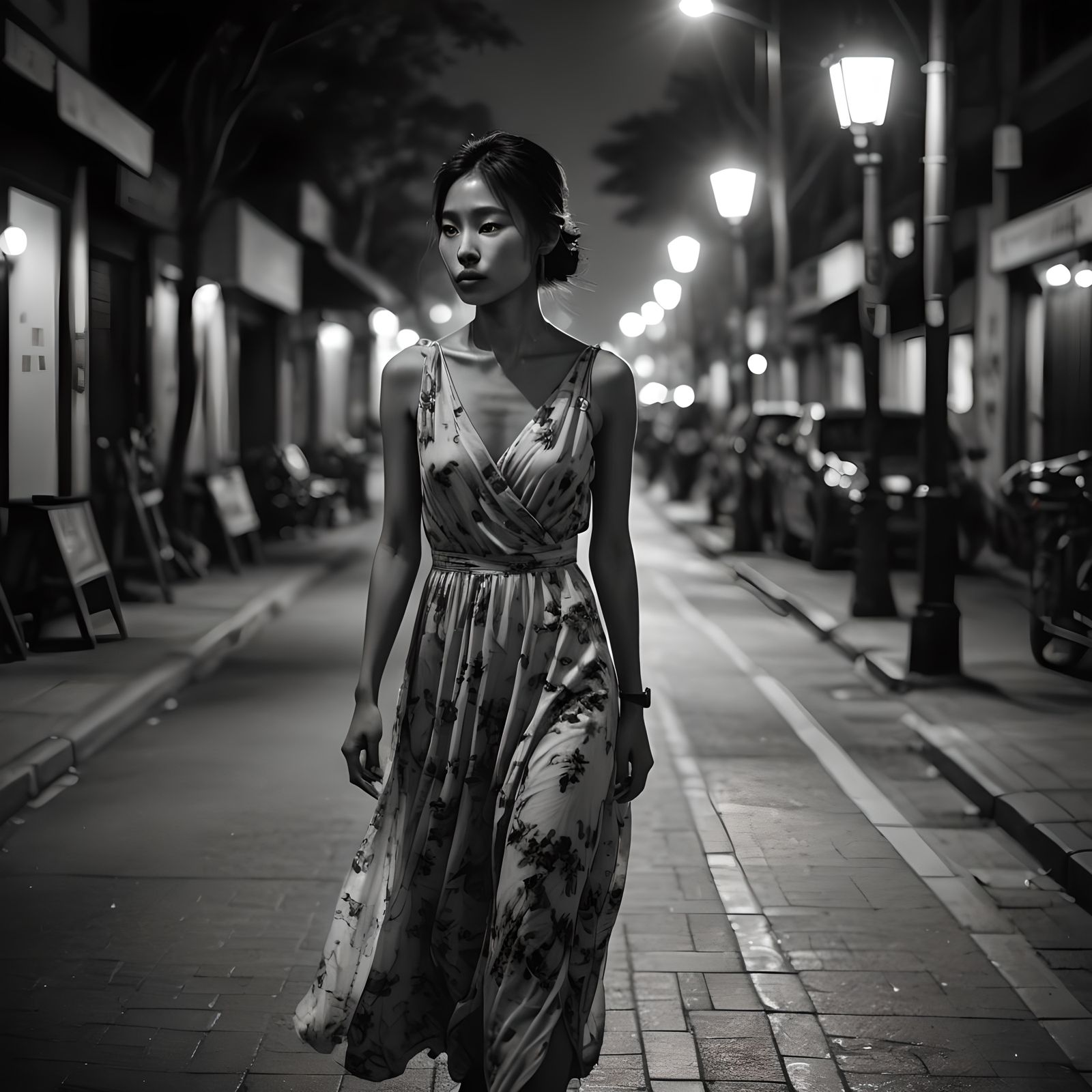 Contemplative Girl Walks Quiet Street at Night