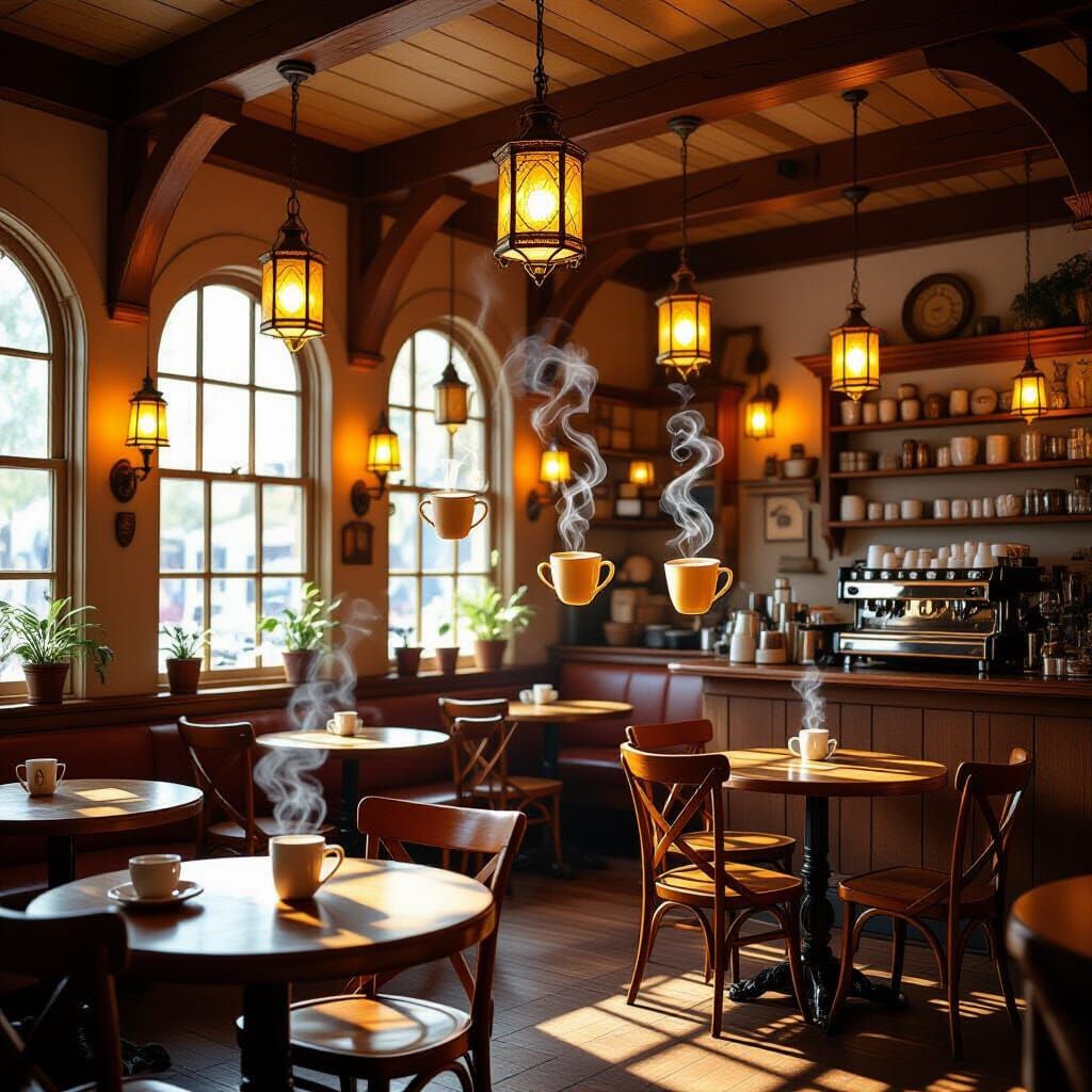 Whimsical Café Interior with Floating Mugs
