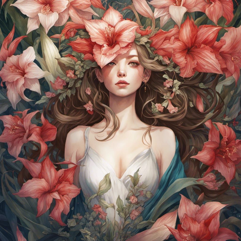 Dreamlike Woman Surrounded by Amaryllis Flowers