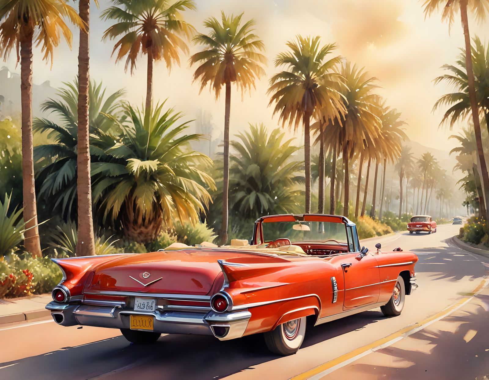 Classic 1957 Cadillac Ocean Drive Watercolor