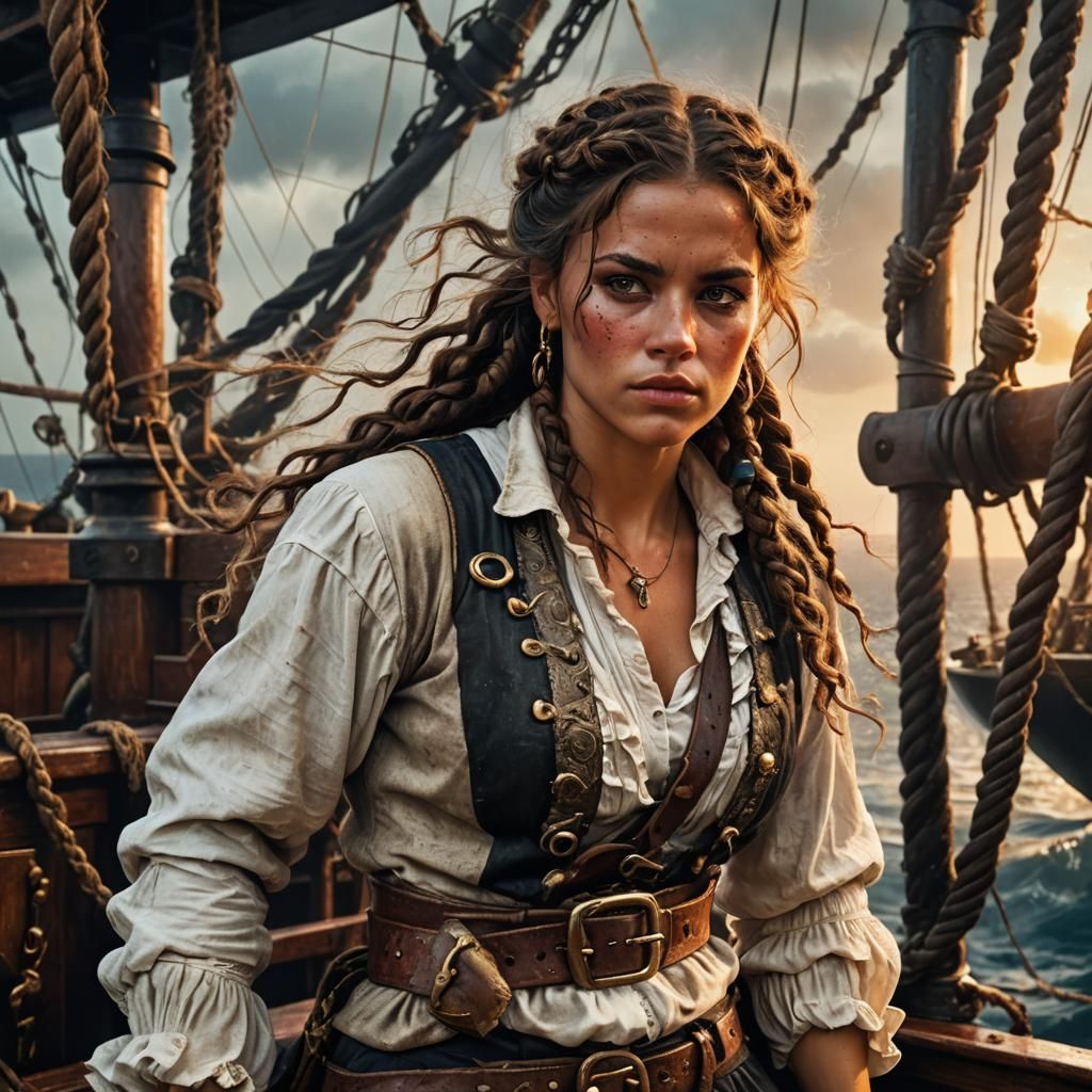 Baroque Art: Female Pirate on Ship in Golden Light