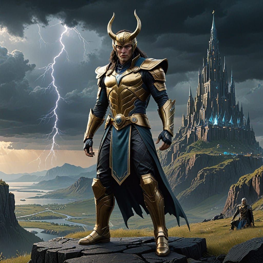 Loki, Dark Golden Armor, Nordic Runes, Stormy Cliffside, Mys...