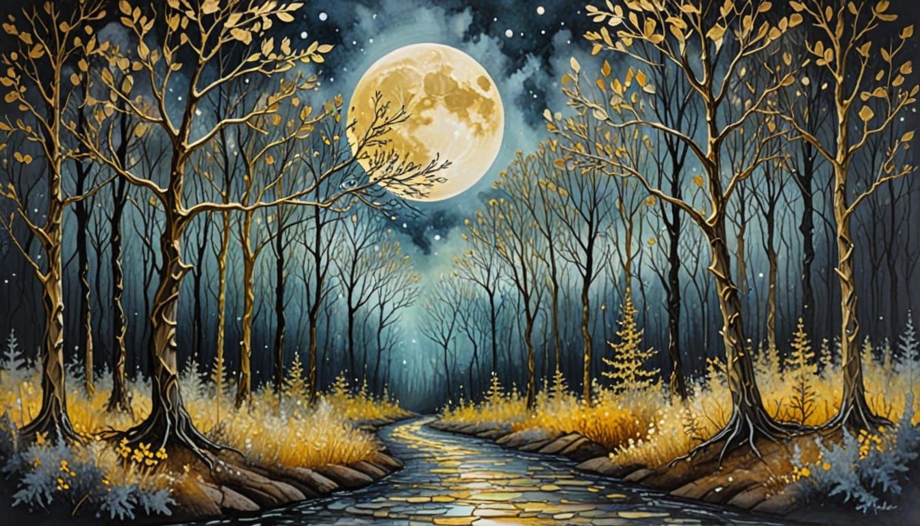 Mystical Forest Under Ethereal Moonlight in Vibrant Impasto....
