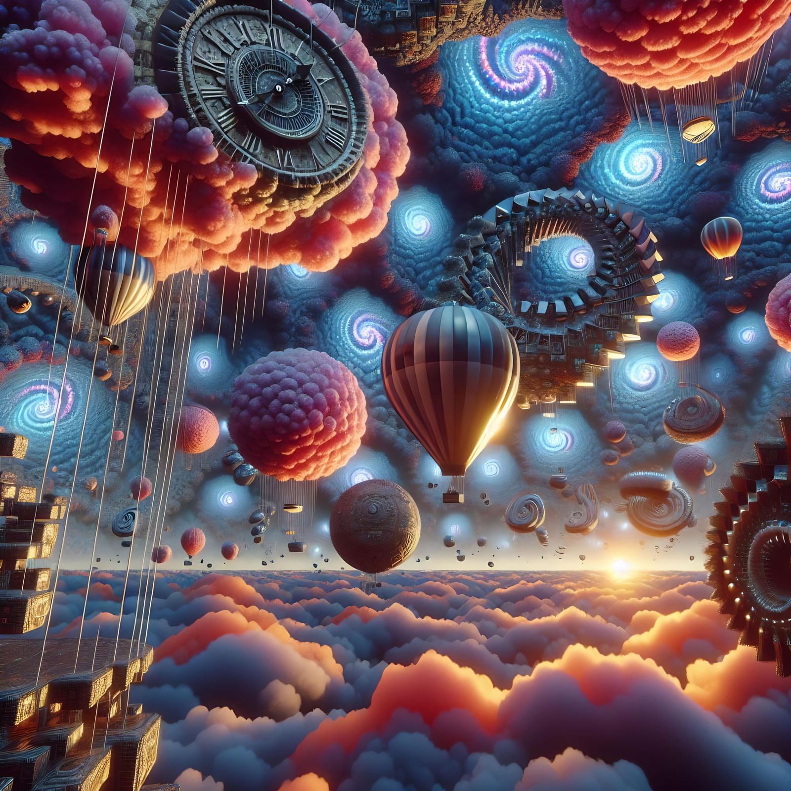 Kaleidoscopic Sky: Surreal Hot Air Balloon Dreamscape