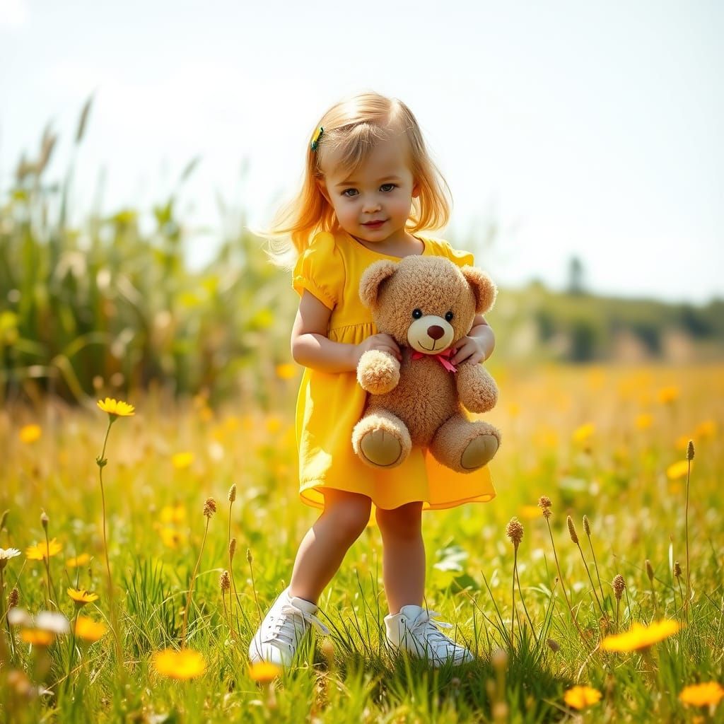 Girl with Teddy Bear in Sunny Meadow, Whimsical Style