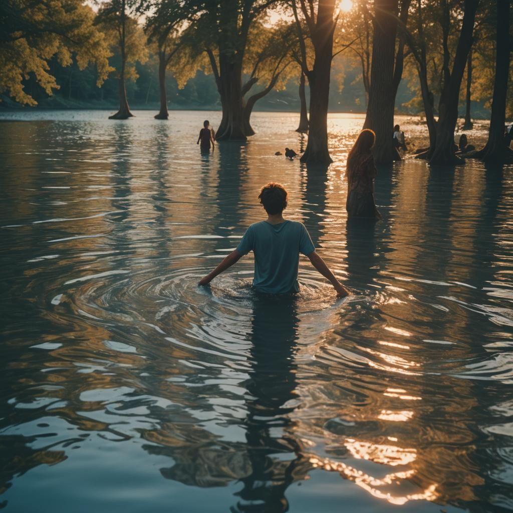 Serene Sunset Scene with Figures in Water
