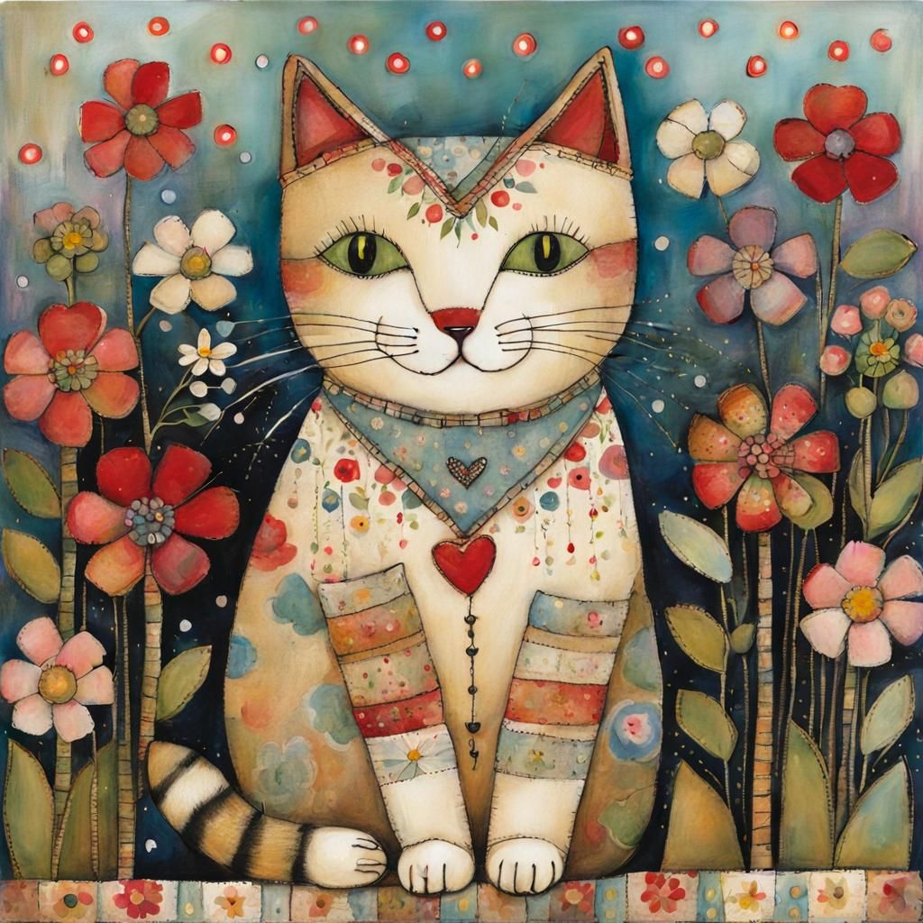 Cute Cat with Flowers, in Folk Art Style