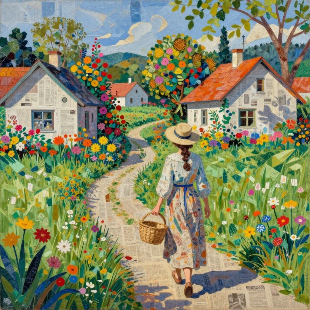 Collage Landscape Painting of Woman on Rustic Path