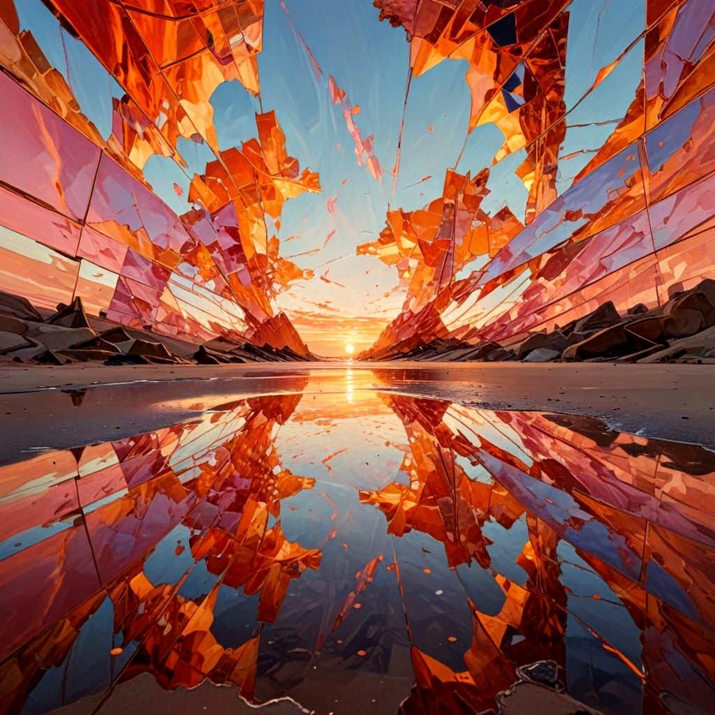 Abstract Sunset Scene in Mirrored Sections