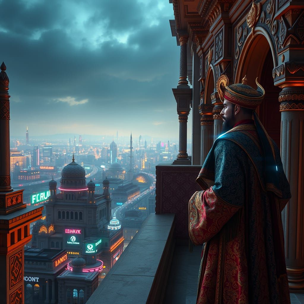 Ottoman Sultan in Cyberpunk Cityscape