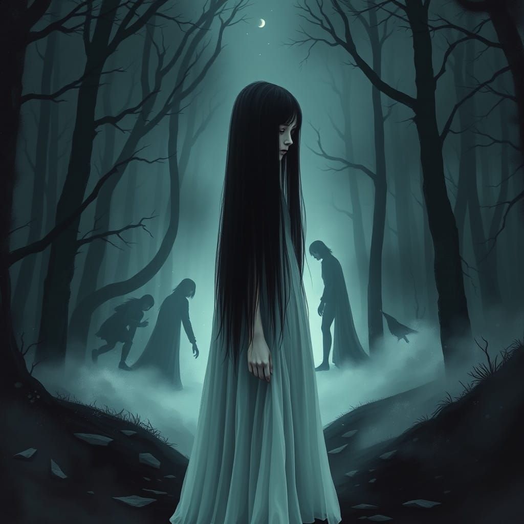 Ethereal Girl at Haunted Forest Entrance in Dark, Mystical S...