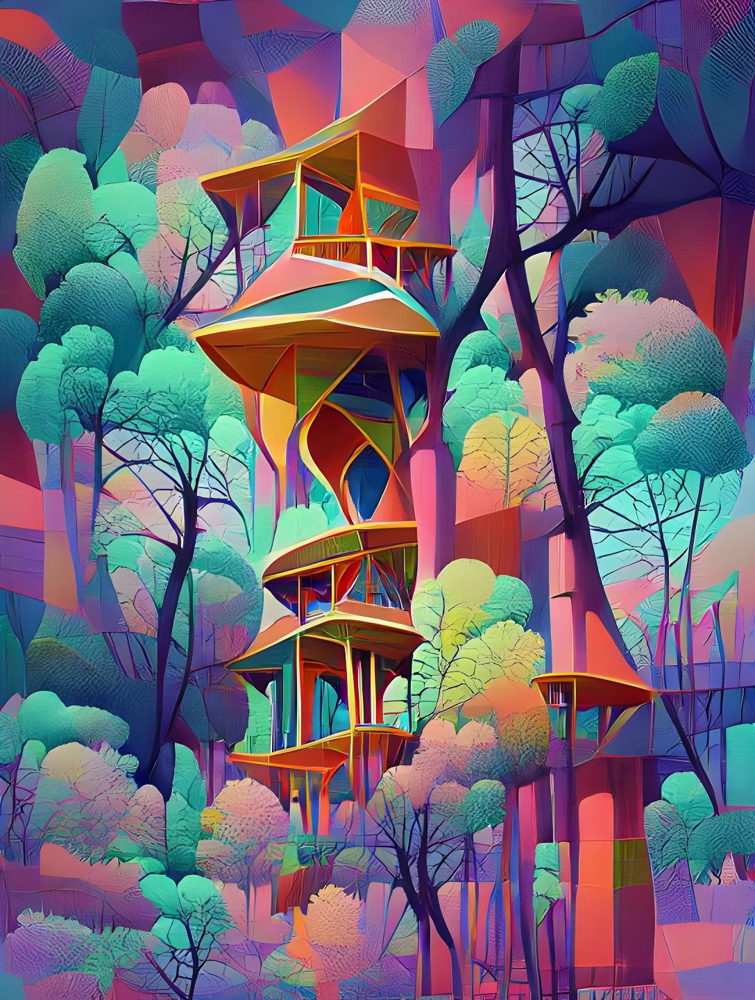 Psychedelic Cartoon of Enchanted Forest Treehouse