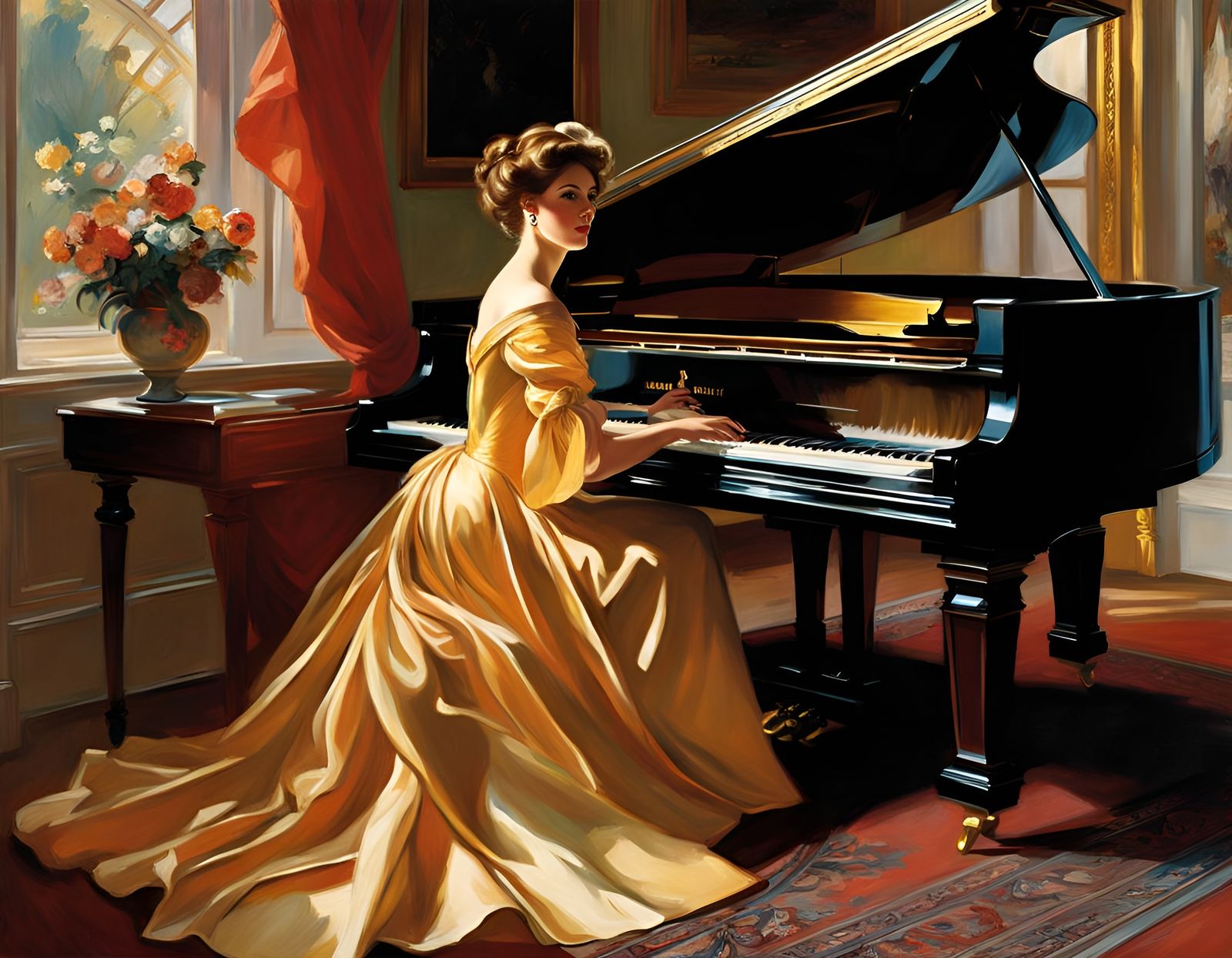 Woman Plays Piano with Sargent and Kinkade Highlights