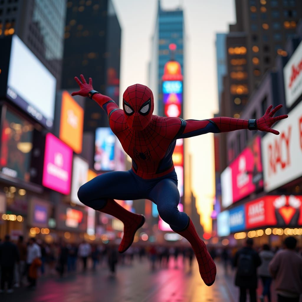 Spider-Man Swings Through Times Square at Sunset