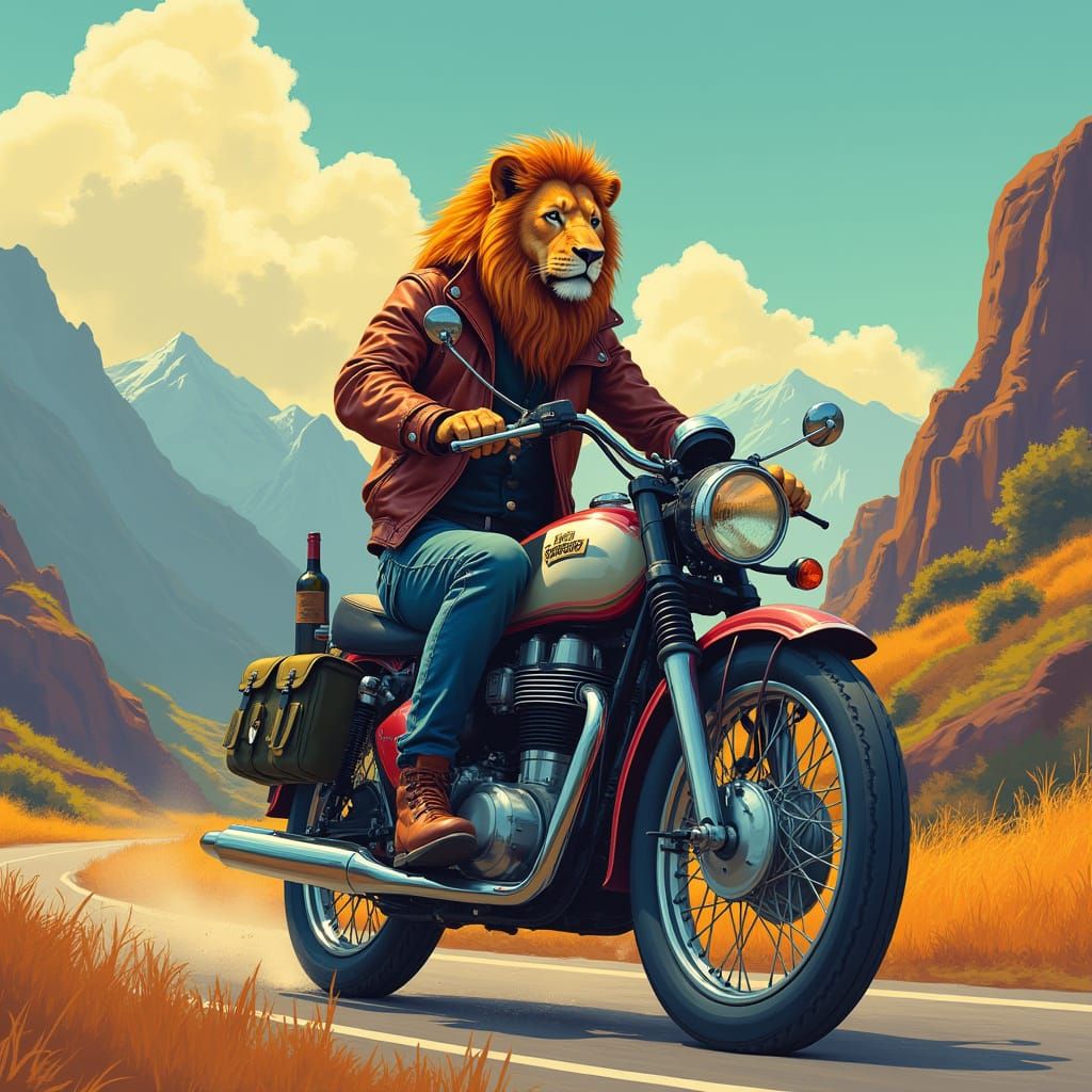 Lion on Motorcycle Through Mountains in Syd Mead Style