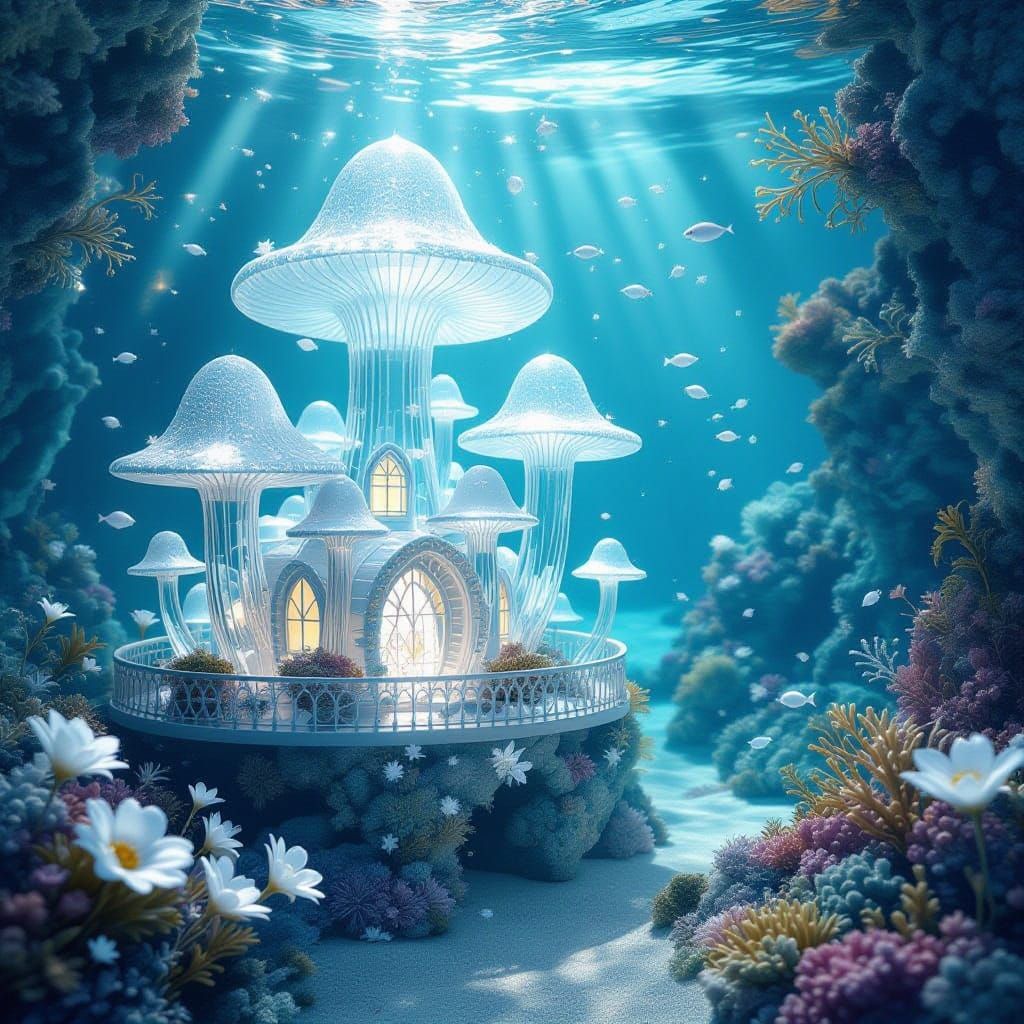 Surreal Crystal Toadstool Houses in Oceanic Wonderland