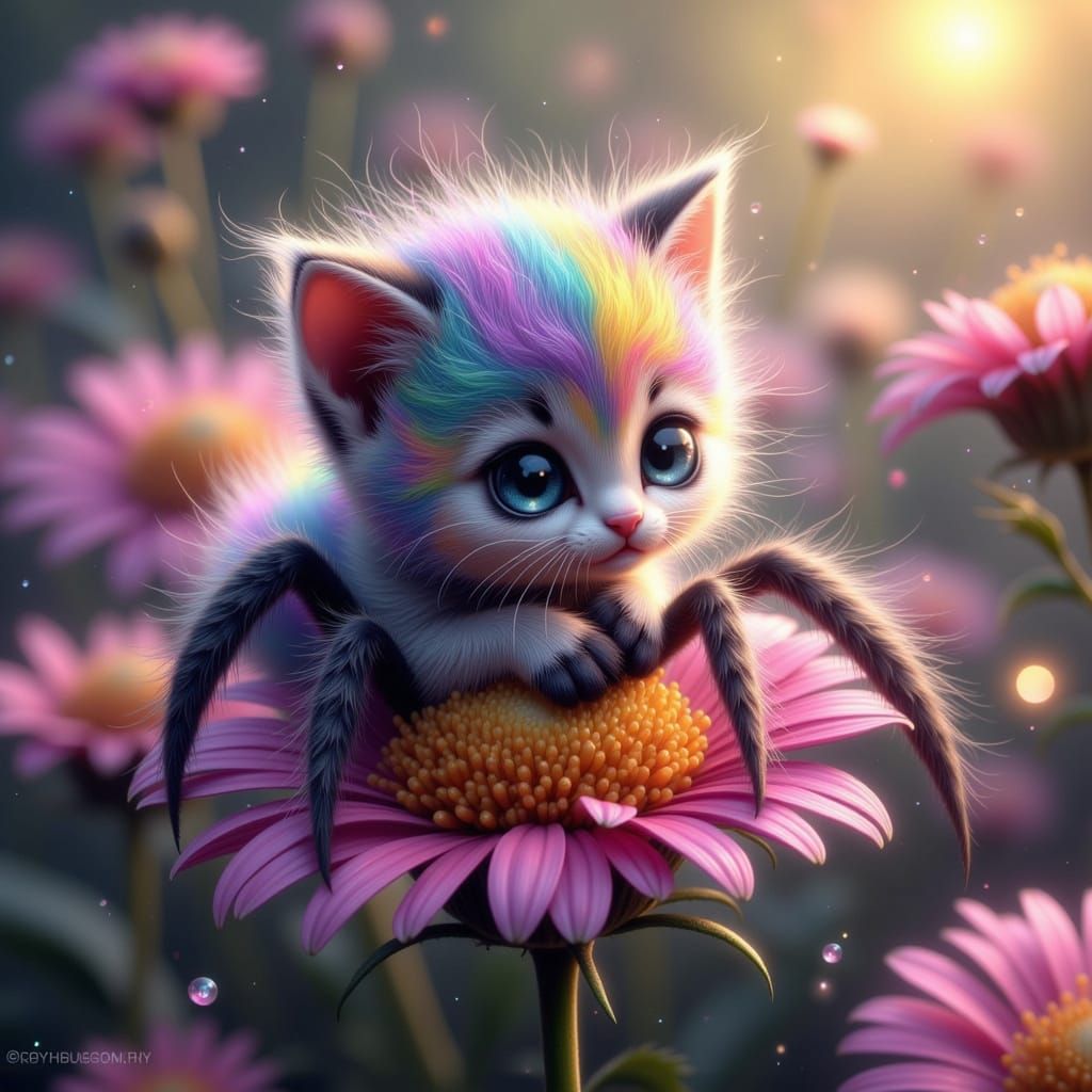 Whimsical Fae Kitten Spider on a Flower in Fantasy Style