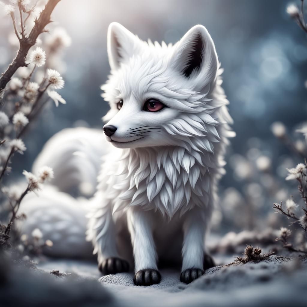 Hyperrealistic Chibi White Fox in HDR