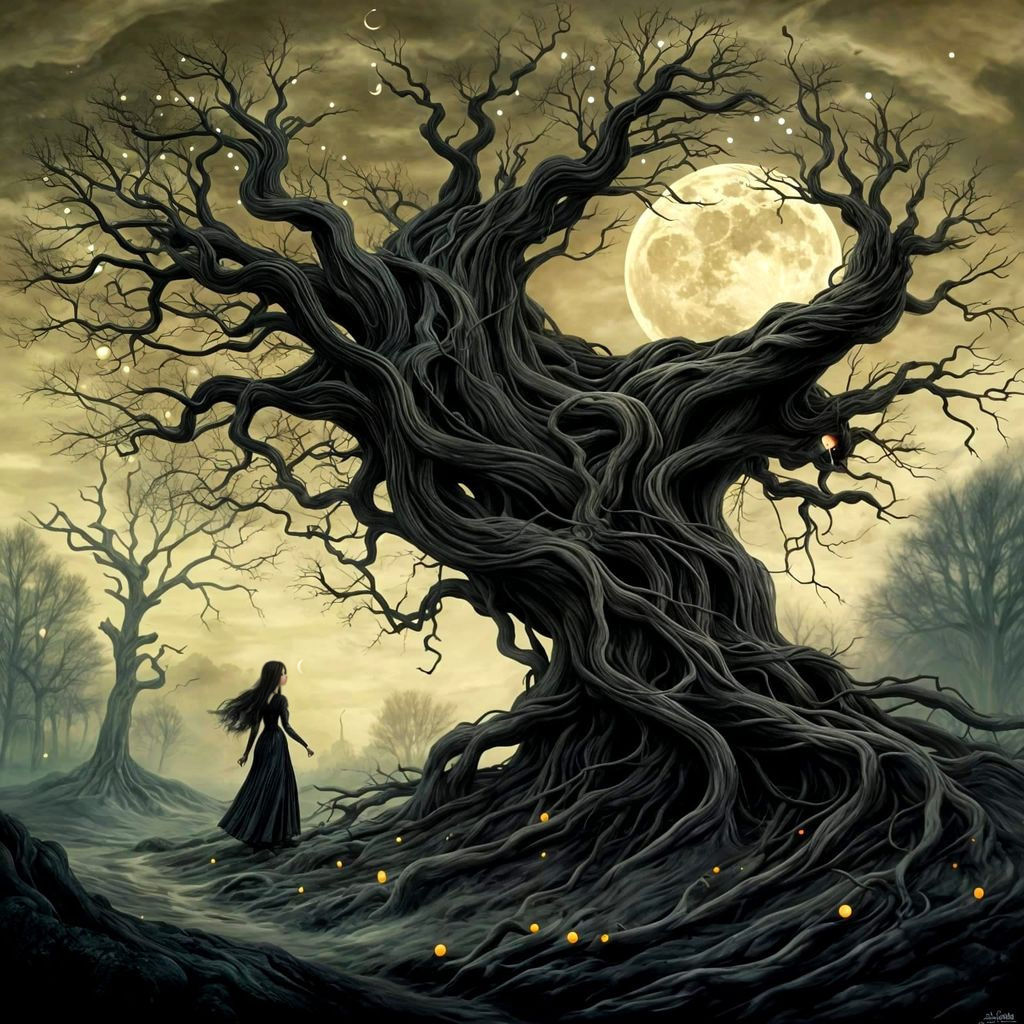 Nightmarish Woman Walking by Tree Illustration