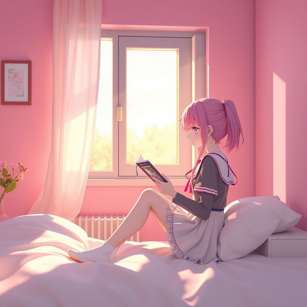 Anime Girl Reading in Pastel Pink Room
