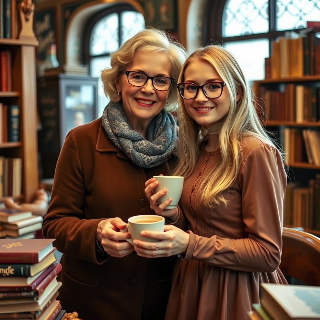 Cozy Bookstore Scene: Warm Cocoa and Delicate Charm