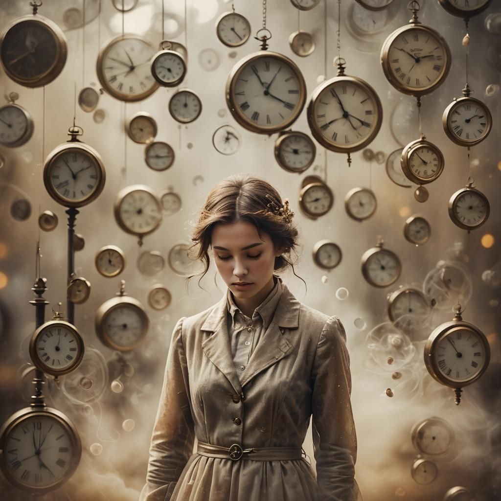 Ethereal Portrait with Fluttering Clocks in Fog