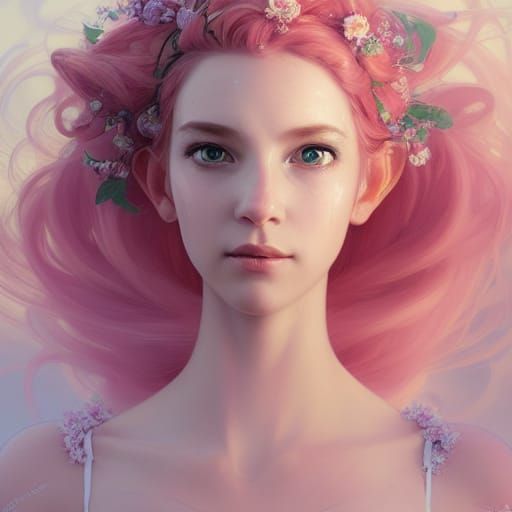 Elf with Peach Hair and Flowers Portrait