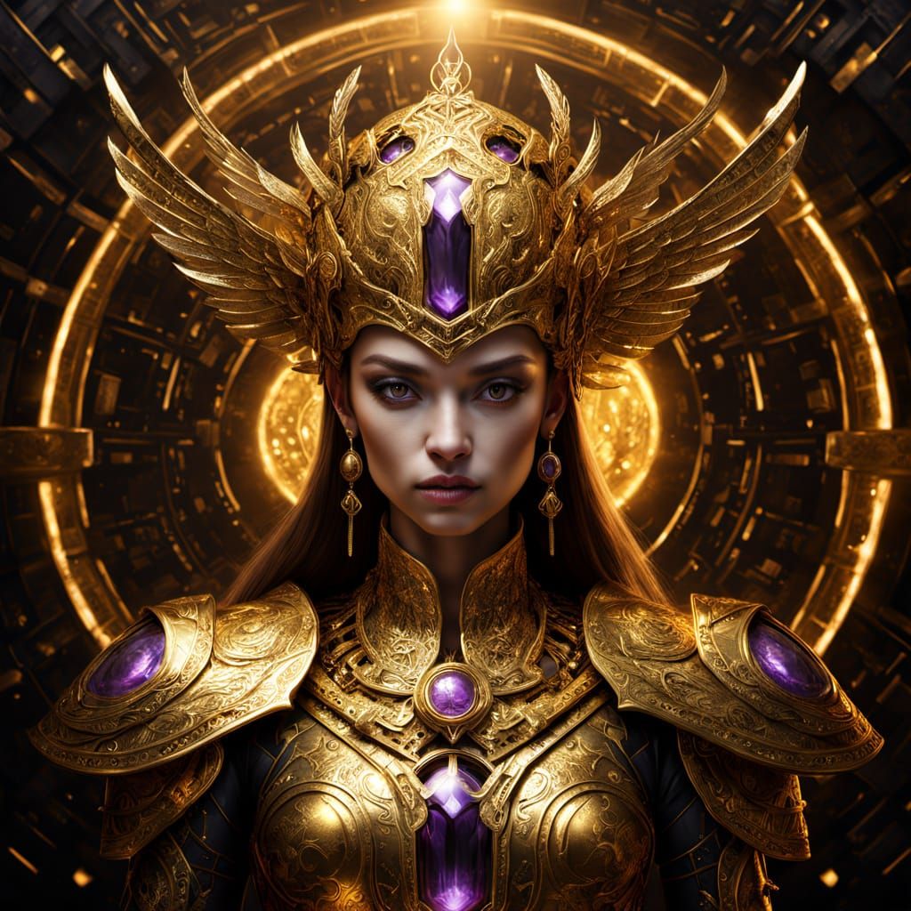 Powerful Woman in Futuristic Golden Armor with Winged Headpi...