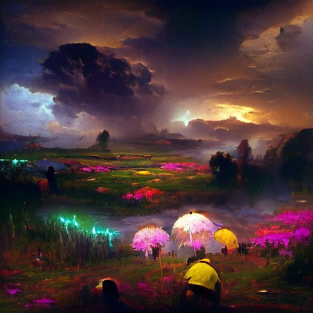 Neon Flowers Under a Dark Stormy Sky