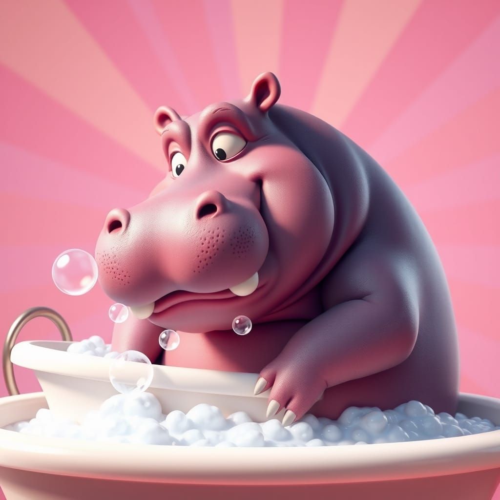 Cartoon Hippo's Whimsical Victorian Bubble Bath