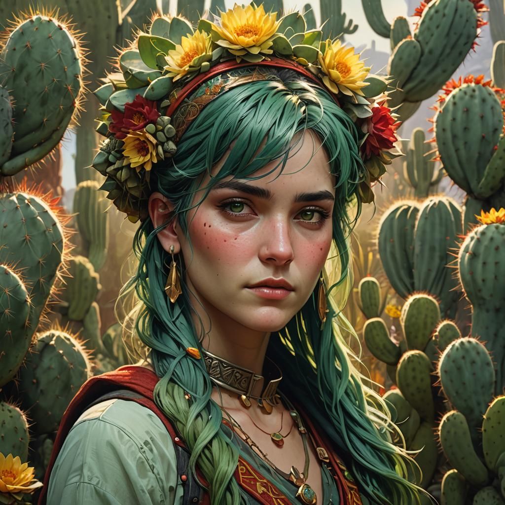 Green-Haired Woman with Cactus Headband, Art Nouveau Style