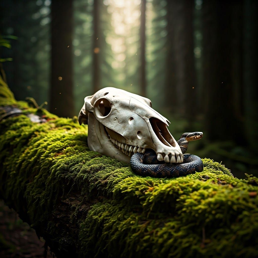 Mystical Forest Scene with Snake Emerging from Horse Skull