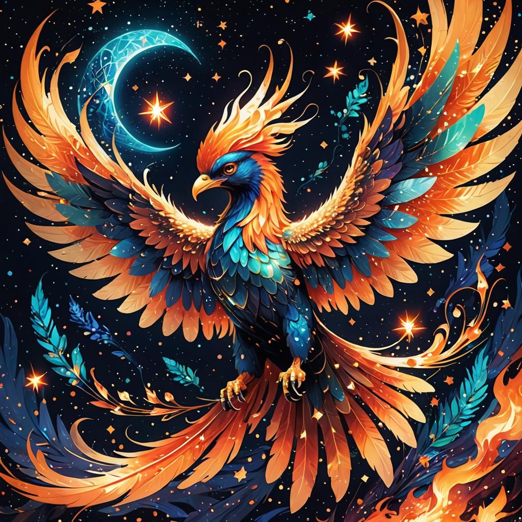 Starry Fire Phoenix in Holographic Anime Style