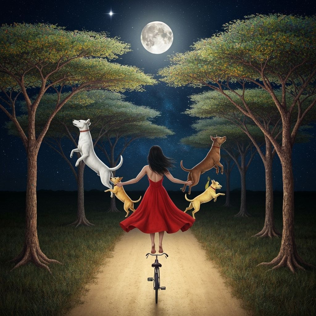 Woman Flying Through Shimmering Forest with Dogs