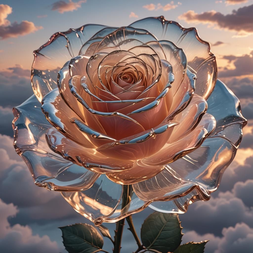 Delicate Glass Rose Sculpture in Twilight Sky