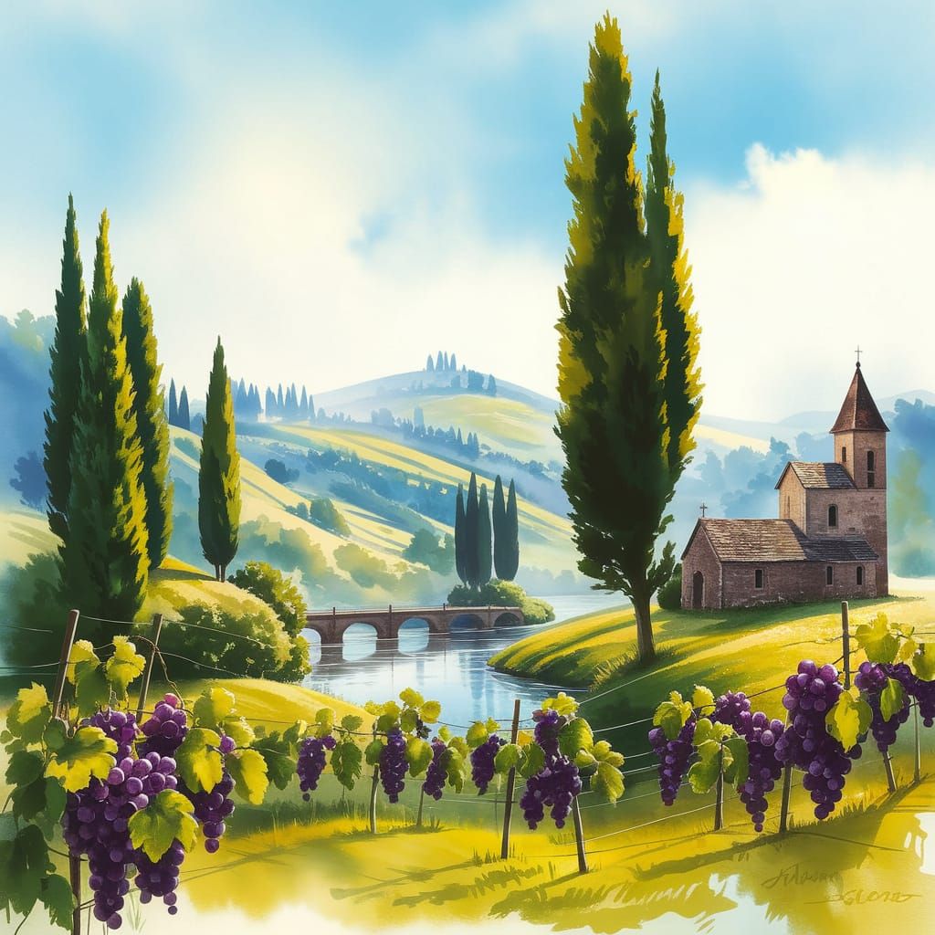 Serene Summer Landscape in Watercolor Style