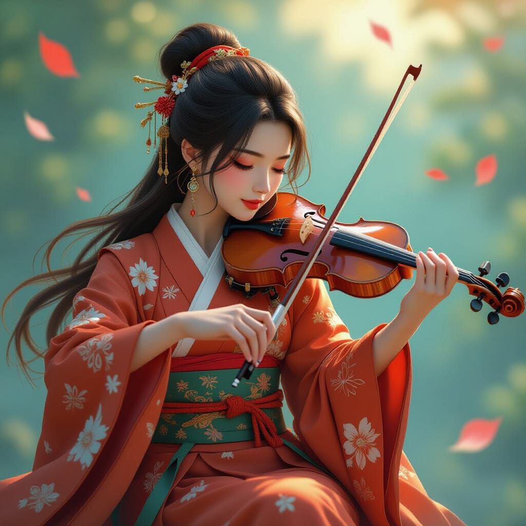 Japanese Violinist in Vibrant Hyper-Detailed Style