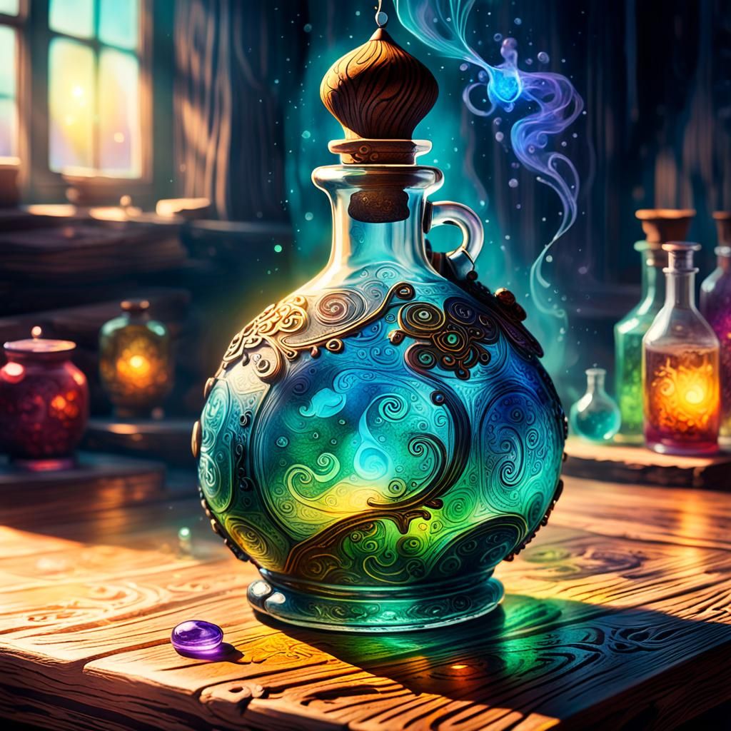 Mysterious Potion Bottle: Vibrant Oil Painting Concept Art