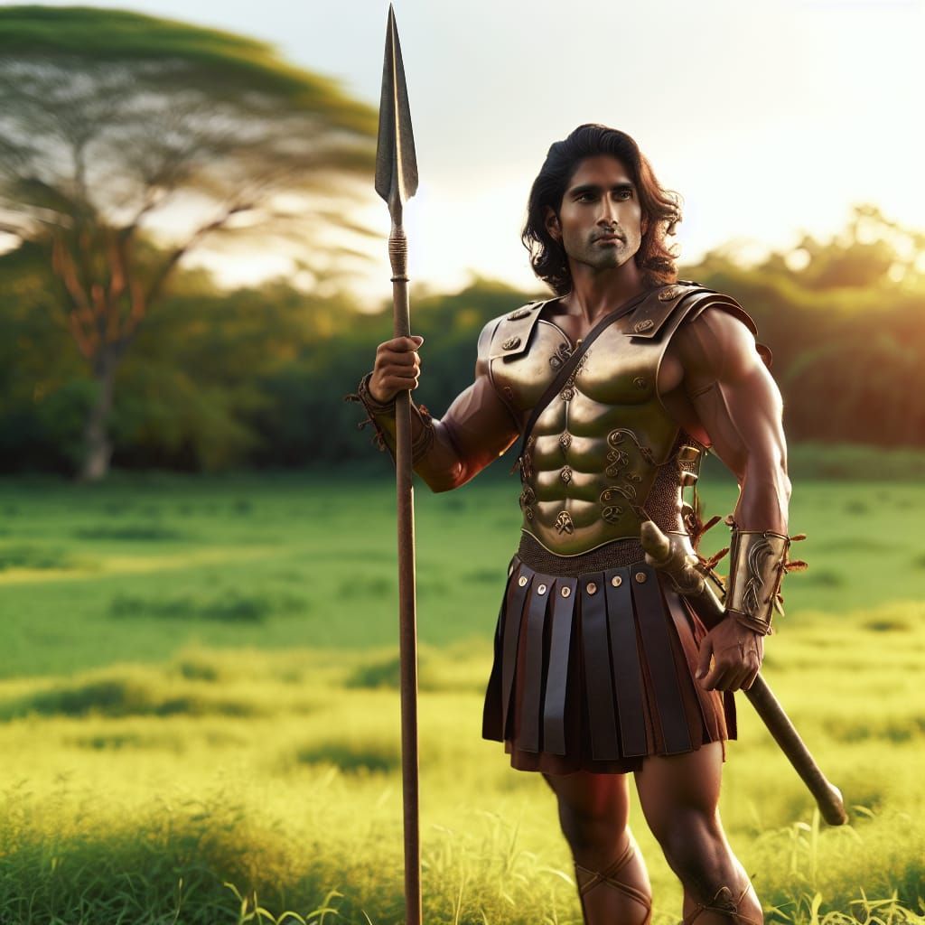 Roman Soldier Stands Proudly in Lush Meadow