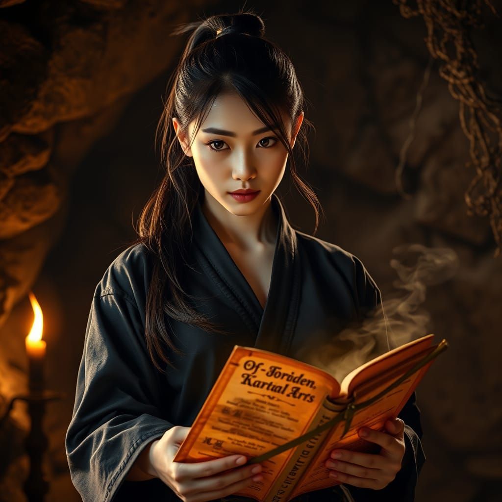 Mysterious Martial Arts Maiden Unveils Ancient Tome in a Dim...