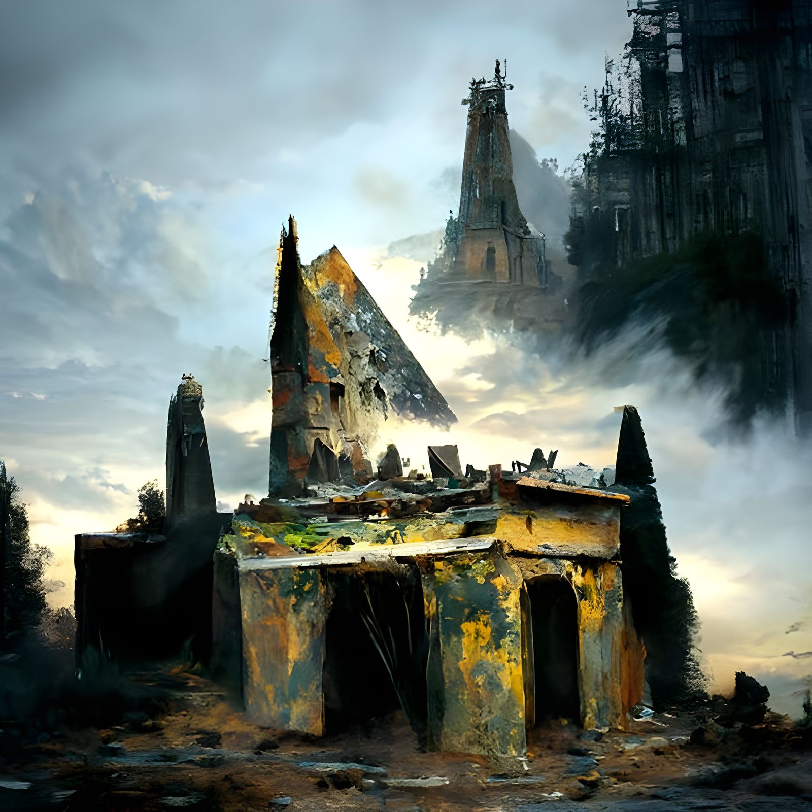 Apocalyptic Pyramid Ruins in Gothic Oil Painting Style